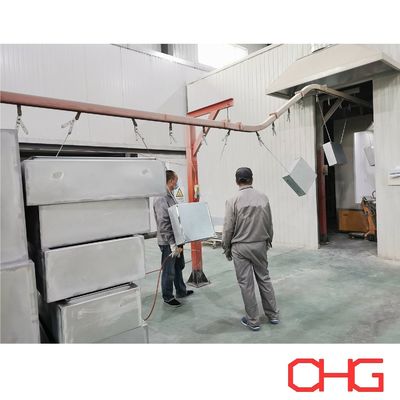 Lini Lapisan Bubuk untuk Kabinet Kontrol Listrik Chassis Produksi PP Spray Booth Otomatis Senapan Semprot Sistem Conveyor Monorail